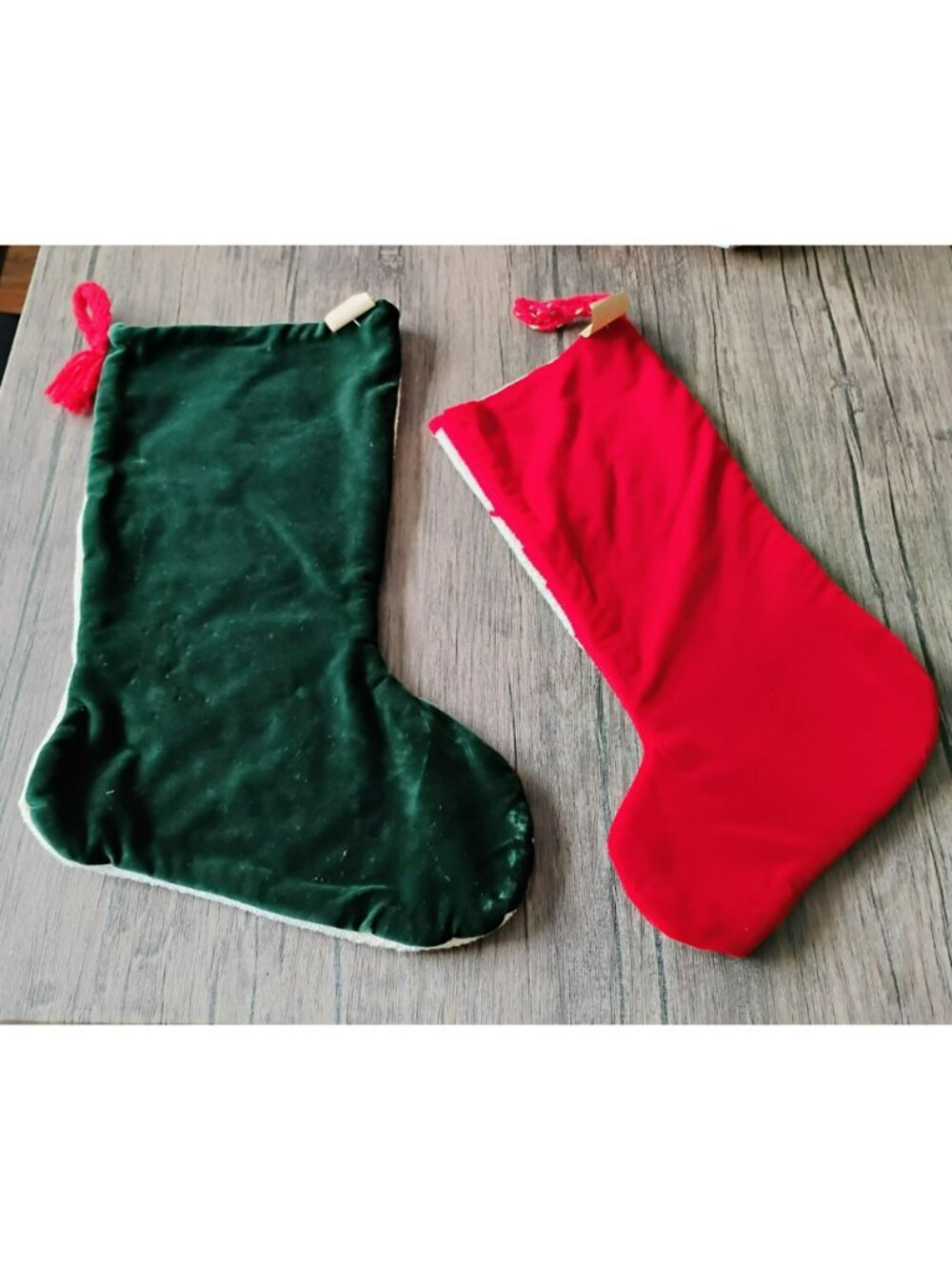 Vintage Handmade Needlepoint Christmas Stockings Set Of 2 Santa & Bear Trimming - Picture 2 of 11